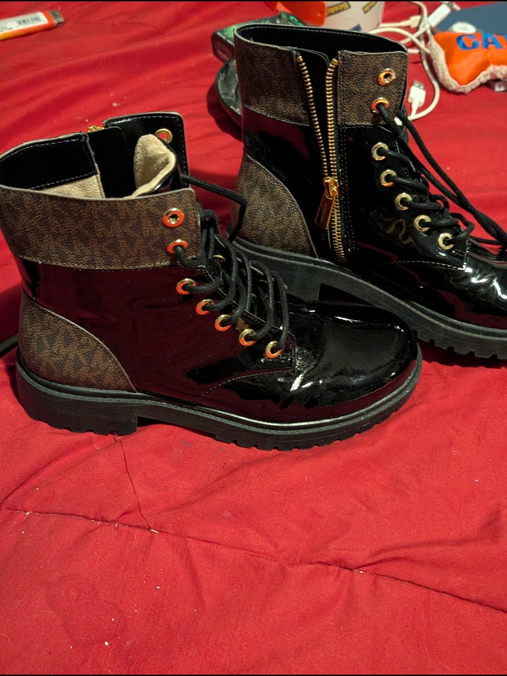 MICHAEL Michael Kors Black Patent and Brown Logo Combat Booties